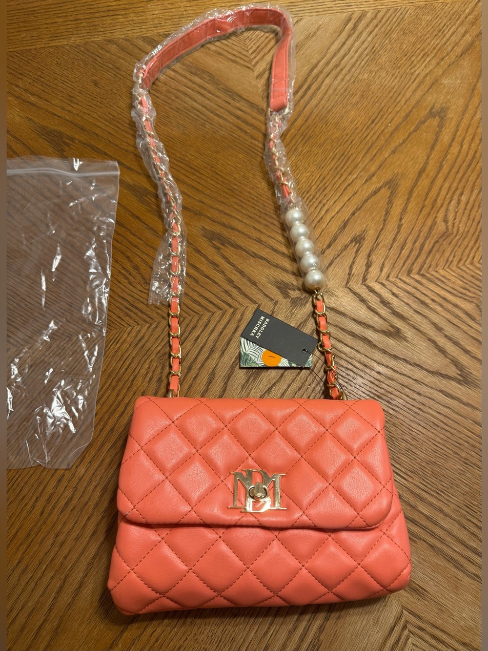 Badgley Mischka Coral Quilted Pearl Chain Crossbody Bag NWT